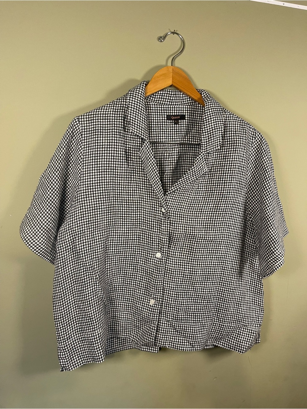 Quince Black & White Gingham Short-Sleeve Button-Down Linen Top - Picture 3 of 8